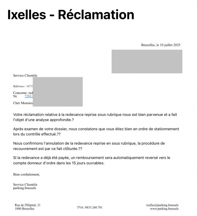 La réponse qu’a reçu C.K. de la part de parking.brussels.