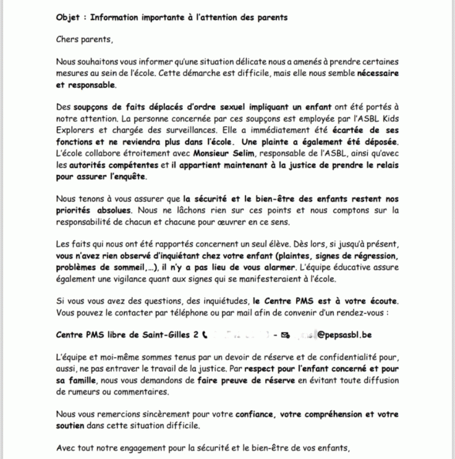 Communiqué envoyé de la direction aux parents