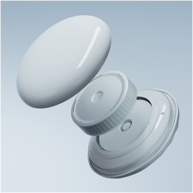 Vue éclatée du galet, avec au milieu la cartouche d’analyse interchangeable, d’une durée de vie de maximum 3 mois.