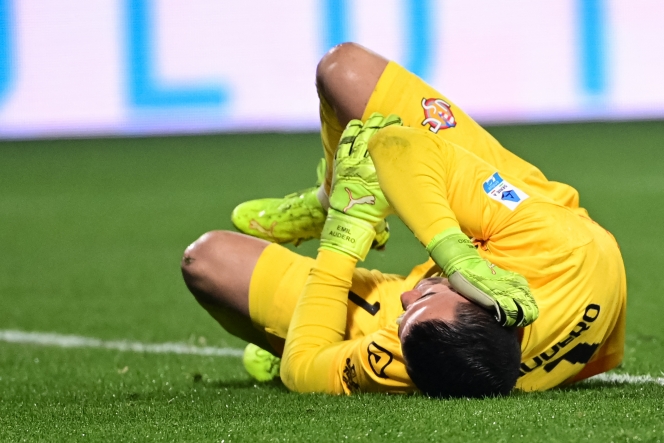 Cremonese's Indonesian goalkeeper #01 Emil Audero sustains an injury after the explosion of a flare on the pitch during the Italian Serie A football match between US Cremonese and Inter Milan at the Giovanni Zini Stadium in Cremona, northern Italy, on February 1, 2026. Piero CRUCIATTI / AFP